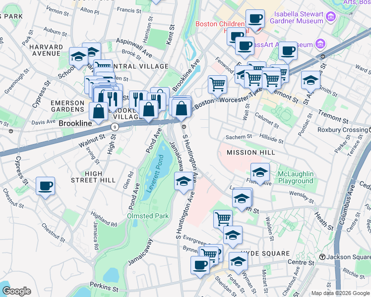 map of restaurants, bars, coffee shops, grocery stores, and more near 73 South Huntington Avenue in Jamaica Plain