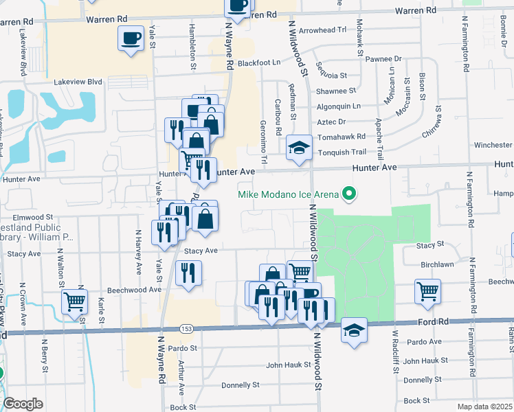 map of restaurants, bars, coffee shops, grocery stores, and more near 6296 Spruce Lane in Westland
