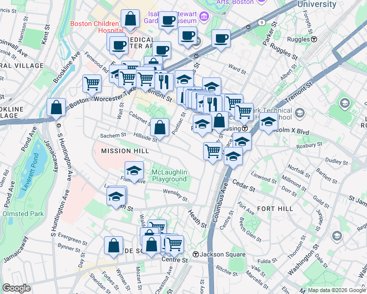 map of restaurants, bars, coffee shops, grocery stores, and more near 60 Hillside Street in Boston