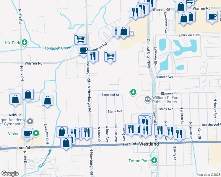 map of restaurants, bars, coffee shops, grocery stores, and more near 6367 Sheppard Drive in Westland