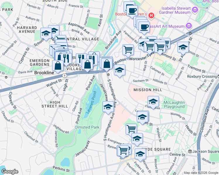 map of restaurants, bars, coffee shops, grocery stores, and more near 70 Jamaicaway in Boston