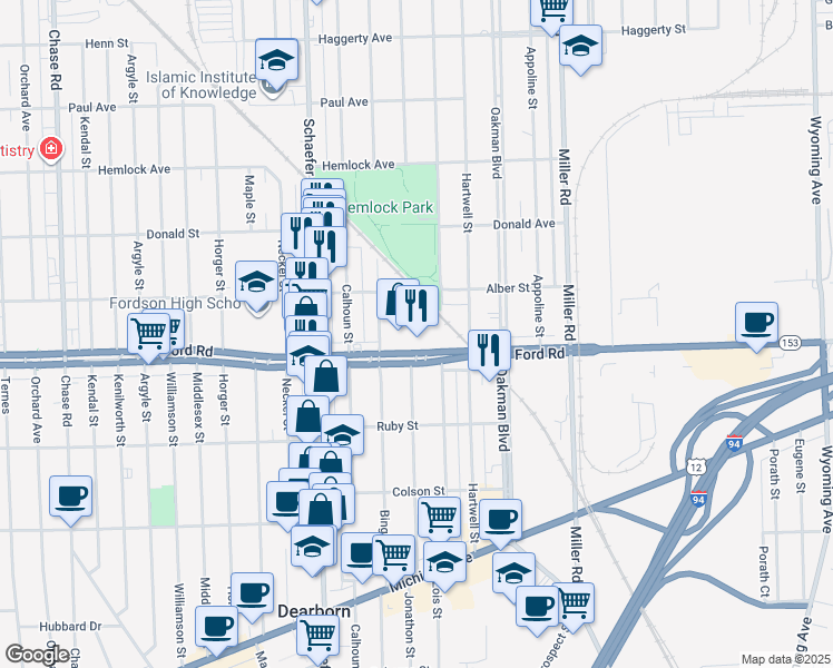 map of restaurants, bars, coffee shops, grocery stores, and more near 13158 Ford Road in Dearborn