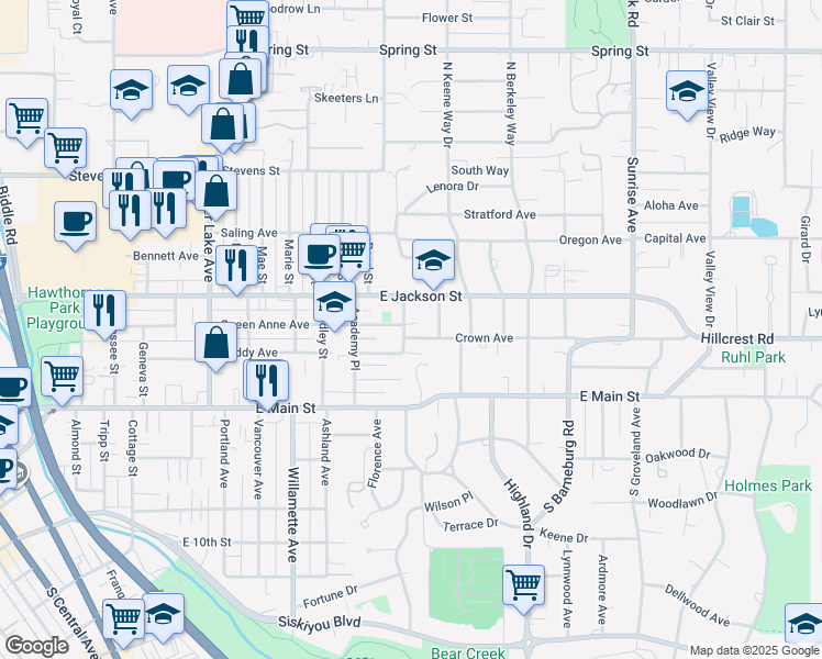 map of restaurants, bars, coffee shops, grocery stores, and more near 122 Oregon Terrace in Medford