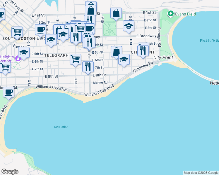 map of restaurants, bars, coffee shops, grocery stores, and more near William J Day Boulevard in Boston