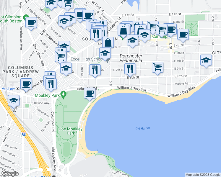 map of restaurants, bars, coffee shops, grocery stores, and more near Columbia Rd & G St in Boston