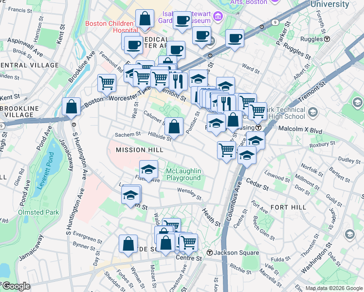 map of restaurants, bars, coffee shops, grocery stores, and more near 70 Hillside Street in Boston