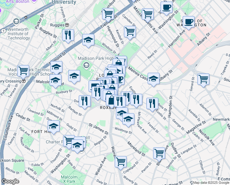map of restaurants, bars, coffee shops, grocery stores, and more near in Boston