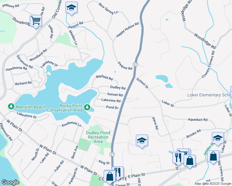 map of restaurants, bars, coffee shops, grocery stores, and more near 13 Sunset Road in Wayland