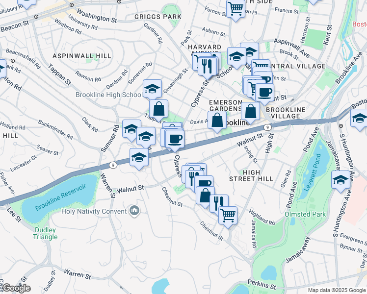 map of restaurants, bars, coffee shops, grocery stores, and more near Boylston Street in Boston