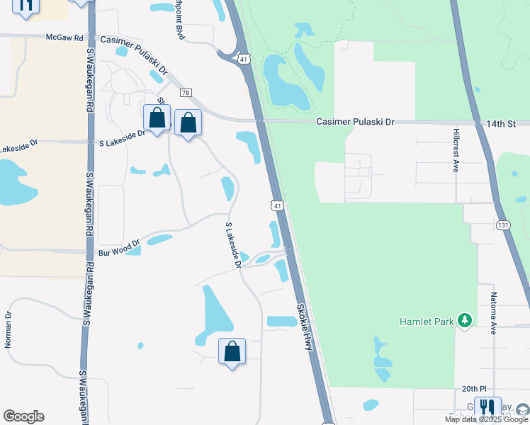 map of restaurants, bars, coffee shops, grocery stores, and more near 1615 South Lakeside Drive in Waukegan