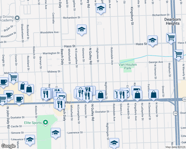 map of restaurants, bars, coffee shops, grocery stores, and more near 6009 North Gulley Road in Dearborn Heights