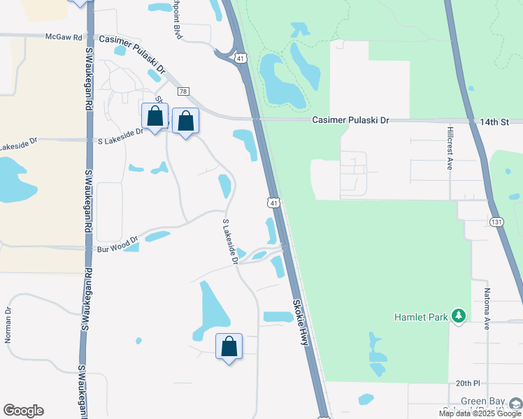 map of restaurants, bars, coffee shops, grocery stores, and more near 1615 South Lakeside Drive in Waukegan