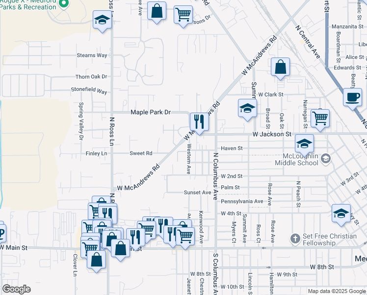 map of restaurants, bars, coffee shops, grocery stores, and more near 521 Western Avenue in Medford