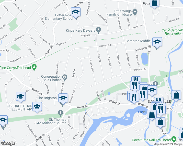 map of restaurants, bars, coffee shops, grocery stores, and more near 10 Francine Road in Framingham