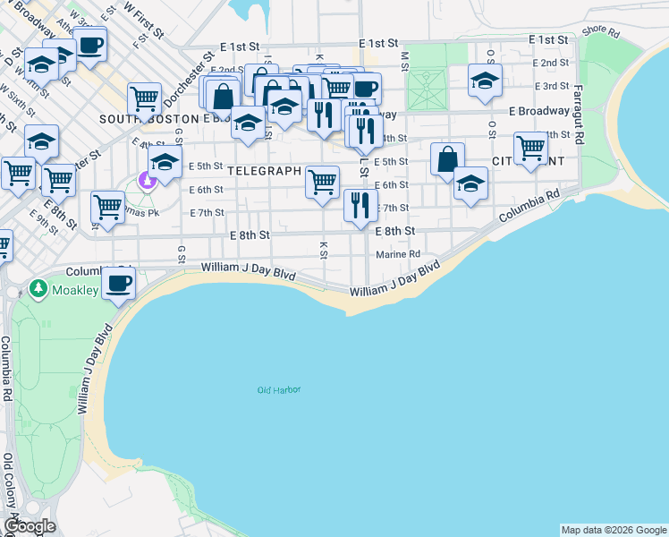 map of restaurants, bars, coffee shops, grocery stores, and more near 406 K Street in Boston