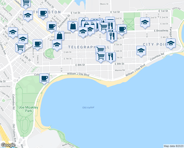 map of restaurants, bars, coffee shops, grocery stores, and more near 1556 Columbia Road in Boston