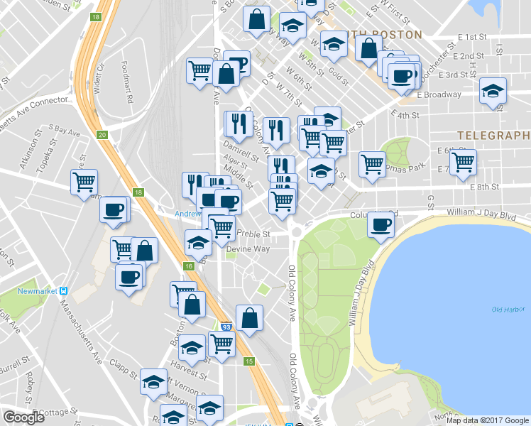 map of restaurants, bars, coffee shops, grocery stores, and more near 23 Vinton Street in Boston
