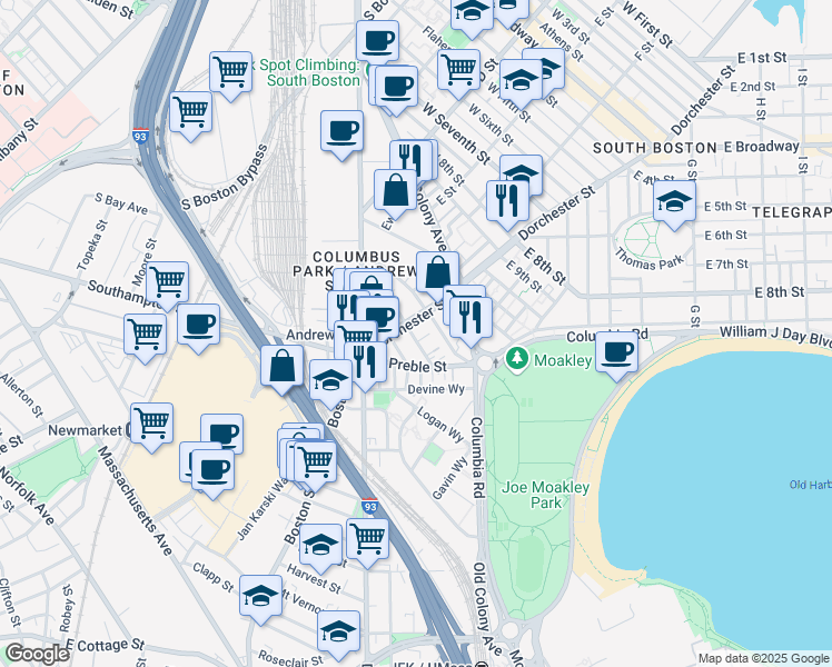 map of restaurants, bars, coffee shops, grocery stores, and more near 15 Ward Street in Boston