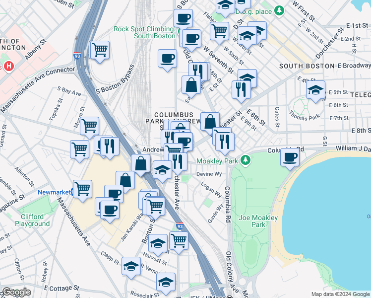 map of restaurants, bars, coffee shops, grocery stores, and more near 395 Dorchester Street in Boston