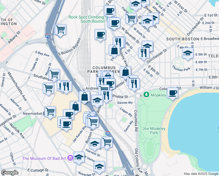 map of restaurants, bars, coffee shops, grocery stores, and more near 395 Dorchester Street in Boston