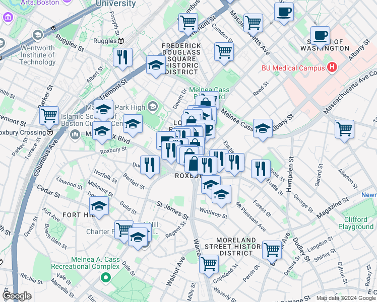 map of restaurants, bars, coffee shops, grocery stores, and more near in Boston