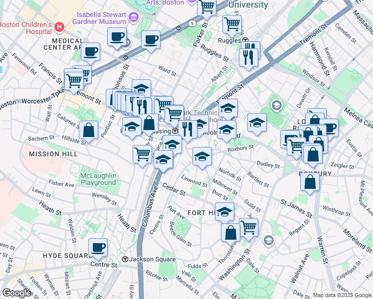 map of restaurants, bars, coffee shops, grocery stores, and more near 270 Roxbury Street in Boston