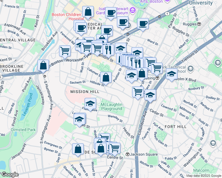map of restaurants, bars, coffee shops, grocery stores, and more near 60 Hillside Street in Boston