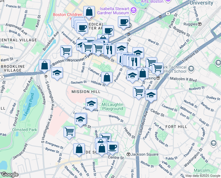 map of restaurants, bars, coffee shops, grocery stores, and more near 5 Iroquois Street in Boston