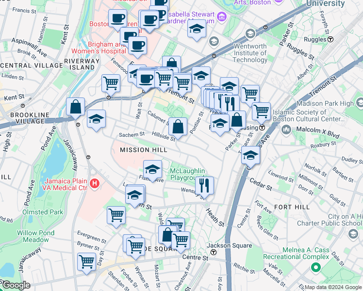 map of restaurants, bars, coffee shops, grocery stores, and more near 5 Iroquois Street in Boston