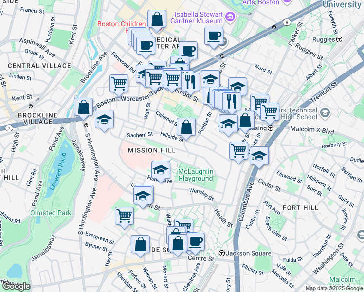 map of restaurants, bars, coffee shops, grocery stores, and more near 5 Iroquois Street in Boston