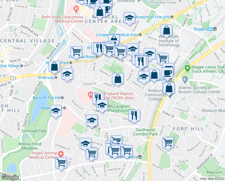 map of restaurants, bars, coffee shops, grocery stores, and more near 5 Iroquois Street in Boston
