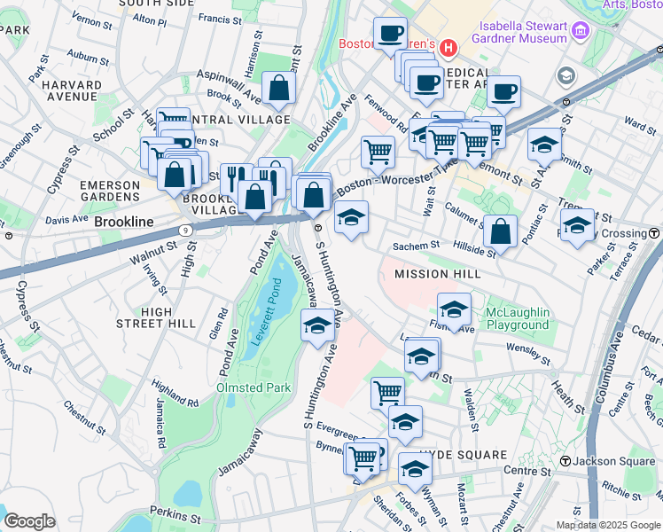 map of restaurants, bars, coffee shops, grocery stores, and more near 74 South Huntington Avenue in Boston