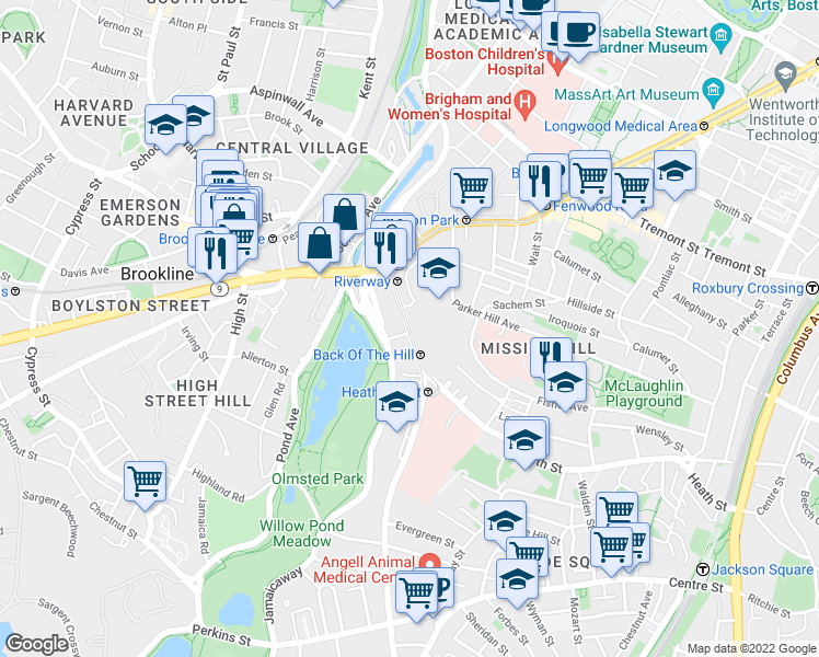 map of restaurants, bars, coffee shops, grocery stores, and more near 70 Jamaicaway in Boston