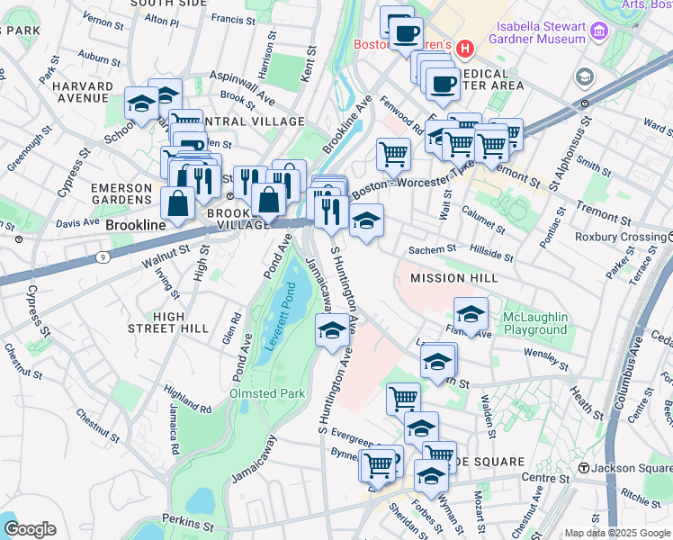map of restaurants, bars, coffee shops, grocery stores, and more near 70 Jamaicaway in Boston