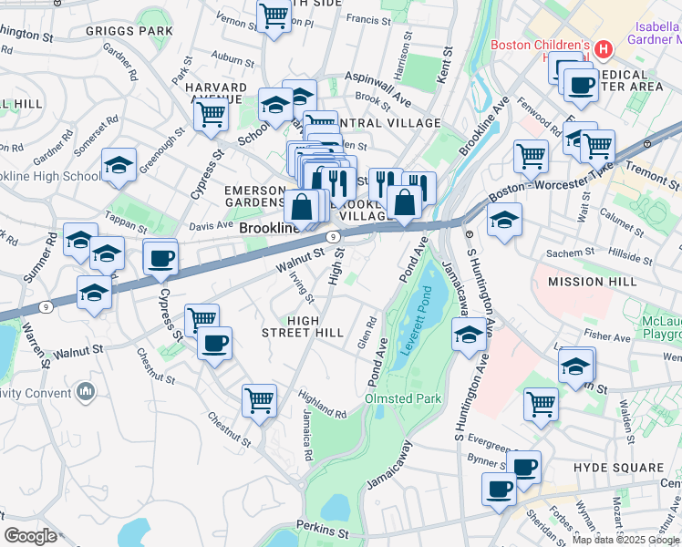 map of restaurants, bars, coffee shops, grocery stores, and more near 44 High Street in Brookline