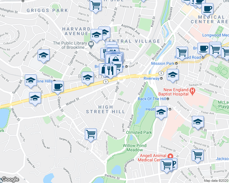 map of restaurants, bars, coffee shops, grocery stores, and more near 44 High Street in Brookline