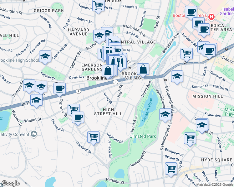 map of restaurants, bars, coffee shops, grocery stores, and more near 44 High Street in Brookline