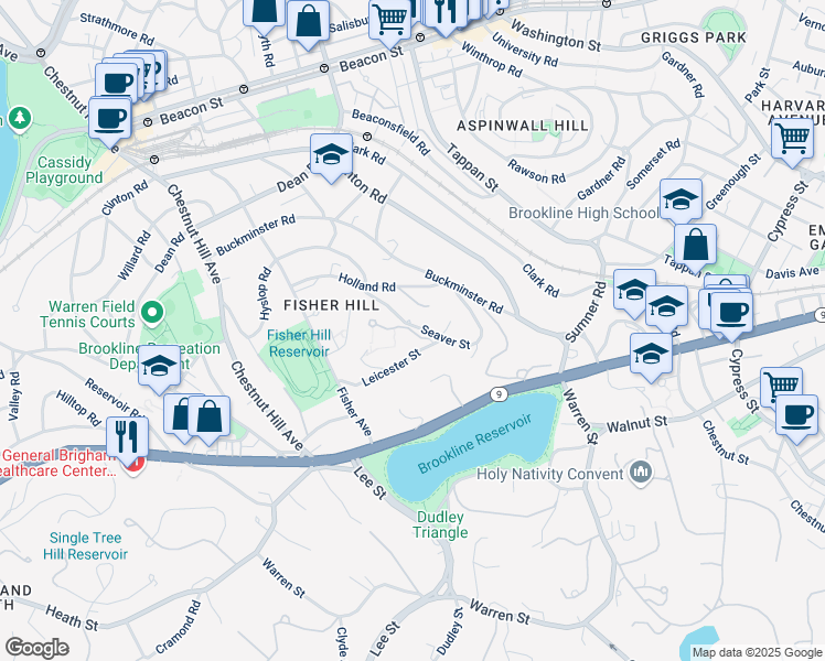 map of restaurants, bars, coffee shops, grocery stores, and more near 105 Seaver Street in Brookline