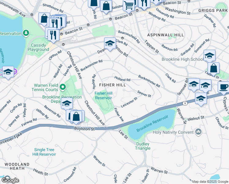 map of restaurants, bars, coffee shops, grocery stores, and more near 99 Fisher Avenue in Brookline