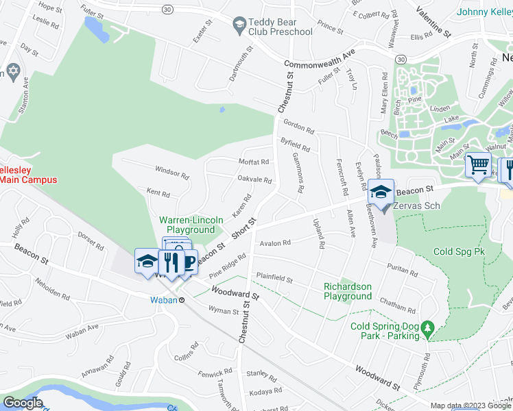 map of restaurants, bars, coffee shops, grocery stores, and more near 583 Chestnut Street in Newton