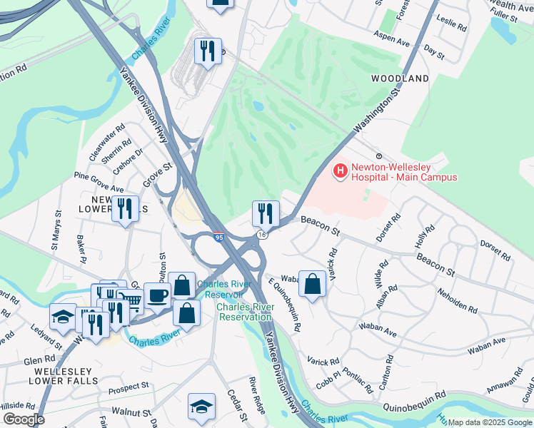 map of restaurants, bars, coffee shops, grocery stores, and more near 2101 Washington Street in Newton