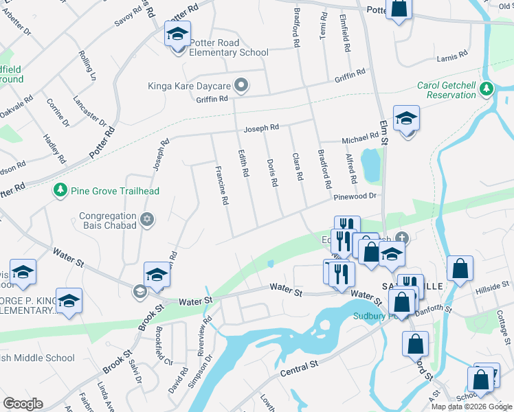 map of restaurants, bars, coffee shops, grocery stores, and more near 5 Edith Road in Framingham