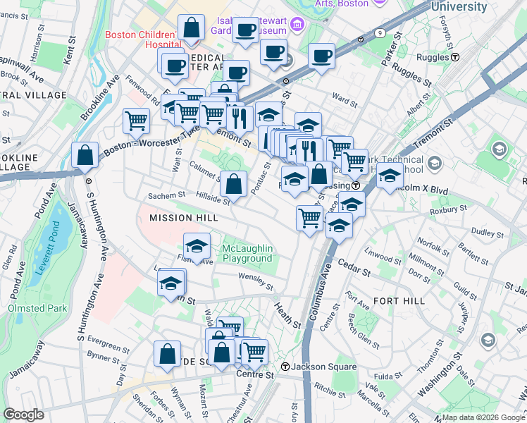 map of restaurants, bars, coffee shops, grocery stores, and more near 60 Hillside Street in Boston
