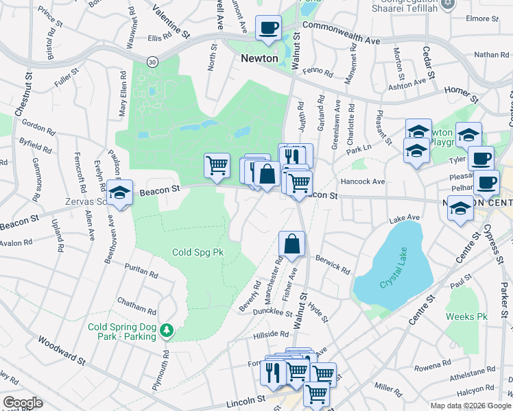 map of restaurants, bars, coffee shops, grocery stores, and more near 35 Wilson Circle in Newton