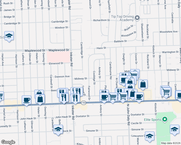map of restaurants, bars, coffee shops, grocery stores, and more near 6046 Fairwood Drive in Dearborn Heights