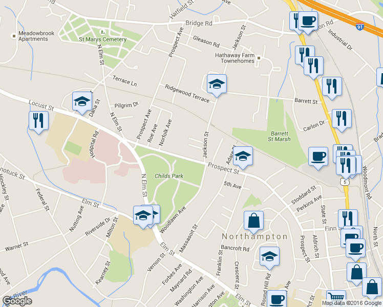 map of restaurants, bars, coffee shops, grocery stores, and more near 315 Prospect Street in Northampton