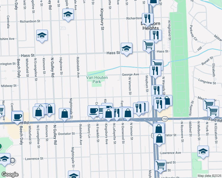 map of restaurants, bars, coffee shops, grocery stores, and more near 5949 North Lafayette Street in Dearborn Heights