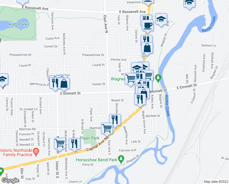 map of restaurants, bars, coffee shops, grocery stores, and more near East Emmett Street in Battle Creek