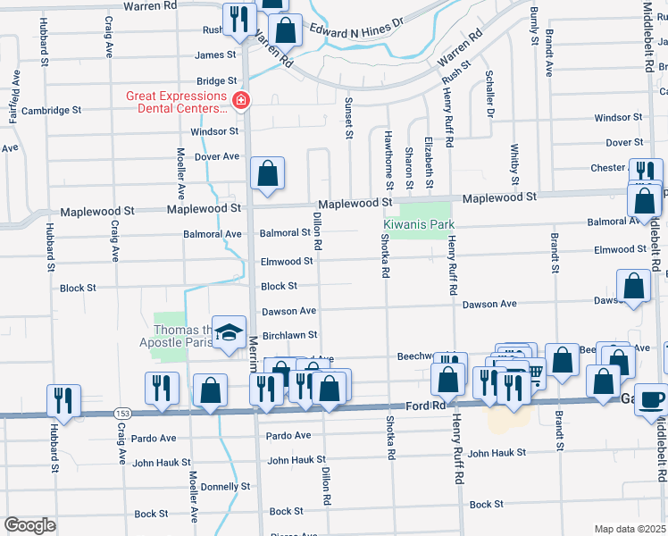 map of restaurants, bars, coffee shops, grocery stores, and more near 30858 Block Street in Garden City