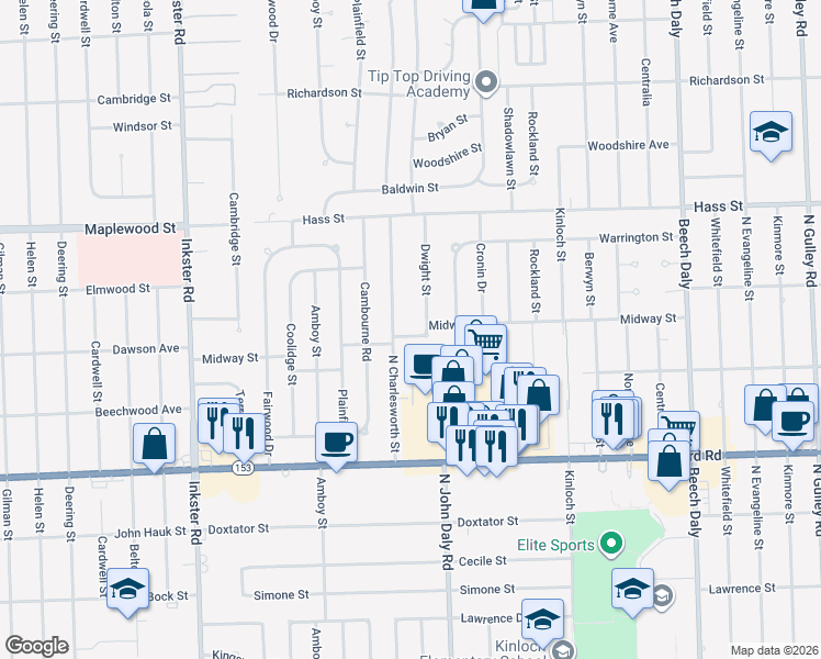 map of restaurants, bars, coffee shops, grocery stores, and more near 26705 Midway Street in Dearborn Heights